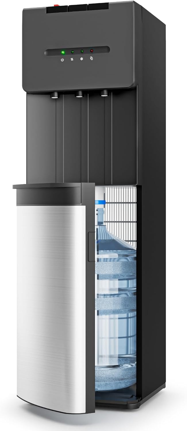 EUHOMY Bottom Loading Water Cooler Dispenser for 5 Gallon Bottle, Hot Cold Room Water Dispenser with Child Safety Lock, LED Light, Freestanding Water Cooler for Home Office Apartment, Black