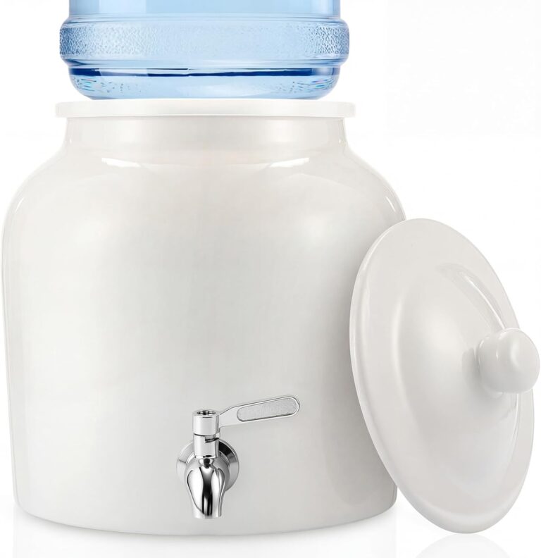 FillTouch 1 Set Ceramic Water Dispenser Crock Water Dispenser with 304 Stainless Steel Faucet, Valve and Lid for 3 to 5 Gallon Jugs Porcelain Cooler for Home Office Indoor (Regular Style,White)