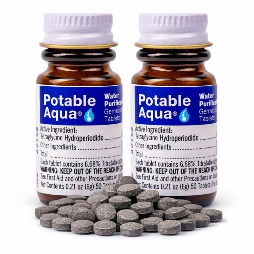Potable Aqua Water Purification Tablets, Portable and Effective Water Purification Solution for Camping, Hiking, Emergencies, Natural Disasters and International Travel, Two 50ct Bottles, Blue