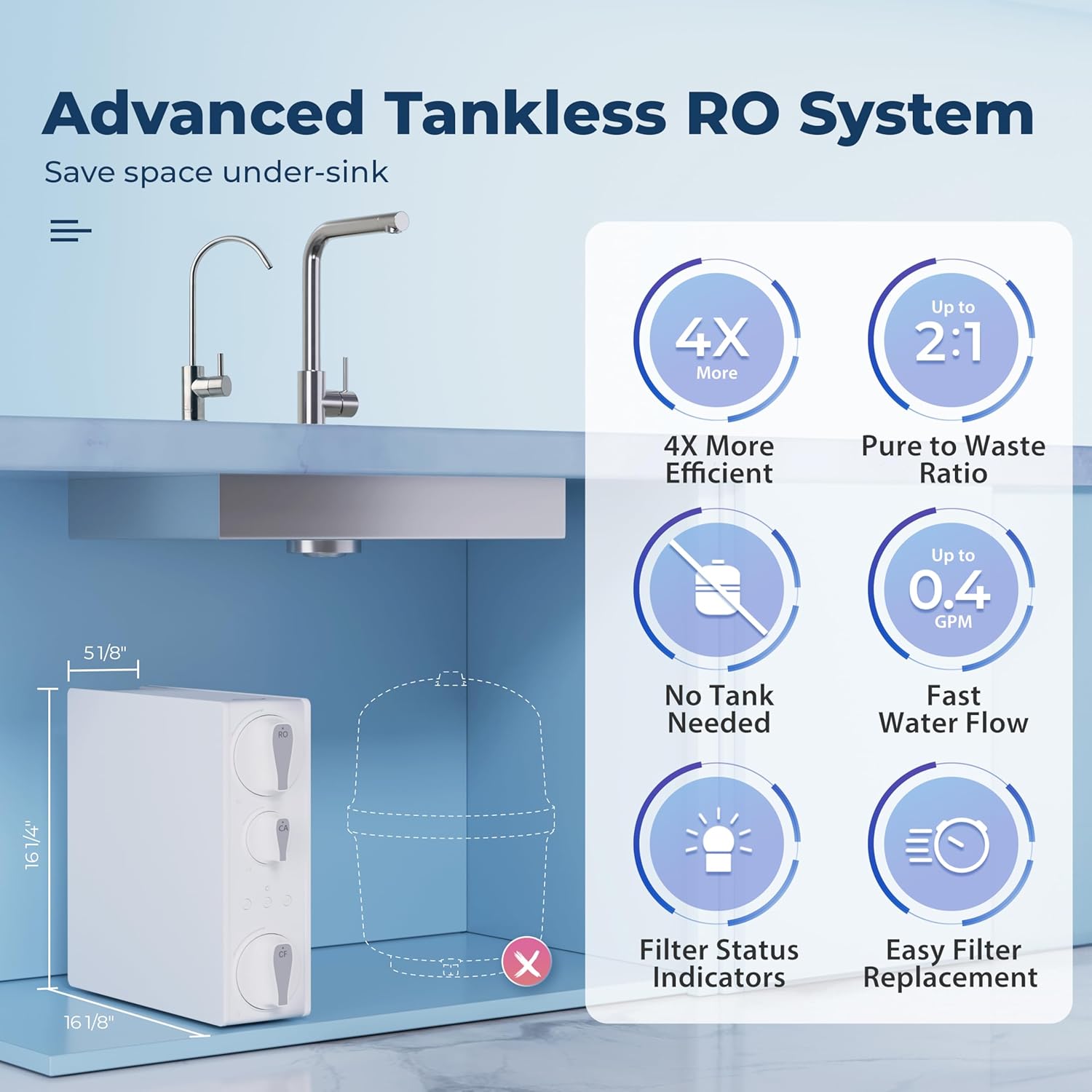 iSpring RO500AK-BN Reverse Osmosis Water Filter, NSF 58 Certified, 500 GPD Tankless Under Sink RO System, Natural pH Alkaline Remineralization, 2:1 Pure to Drain Ratio, Brushed Nickel Faucet - Image 3