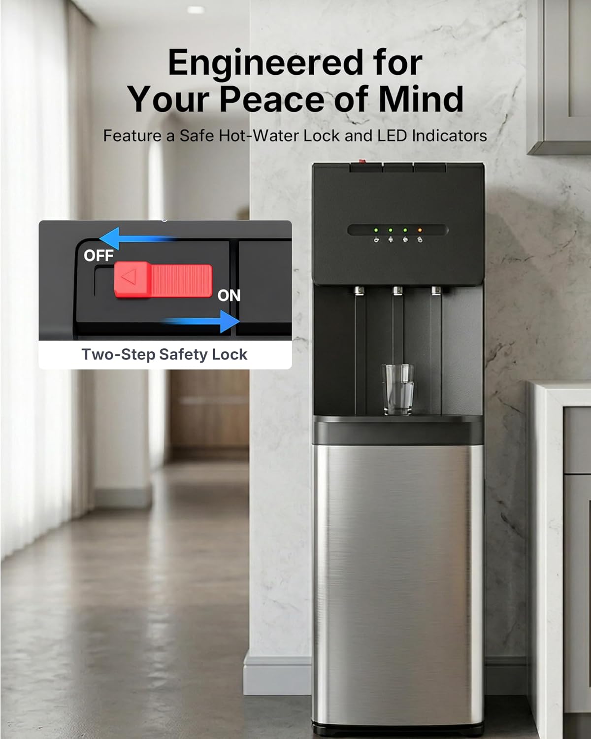 EUHOMY Bottom Loading Water Cooler Dispenser for 5 Gallon Bottle, Hot Cold Room Water Dispenser with Child Safety Lock, LED Light, Freestanding Water Cooler for Home Office Apartment, Black - Image 5
