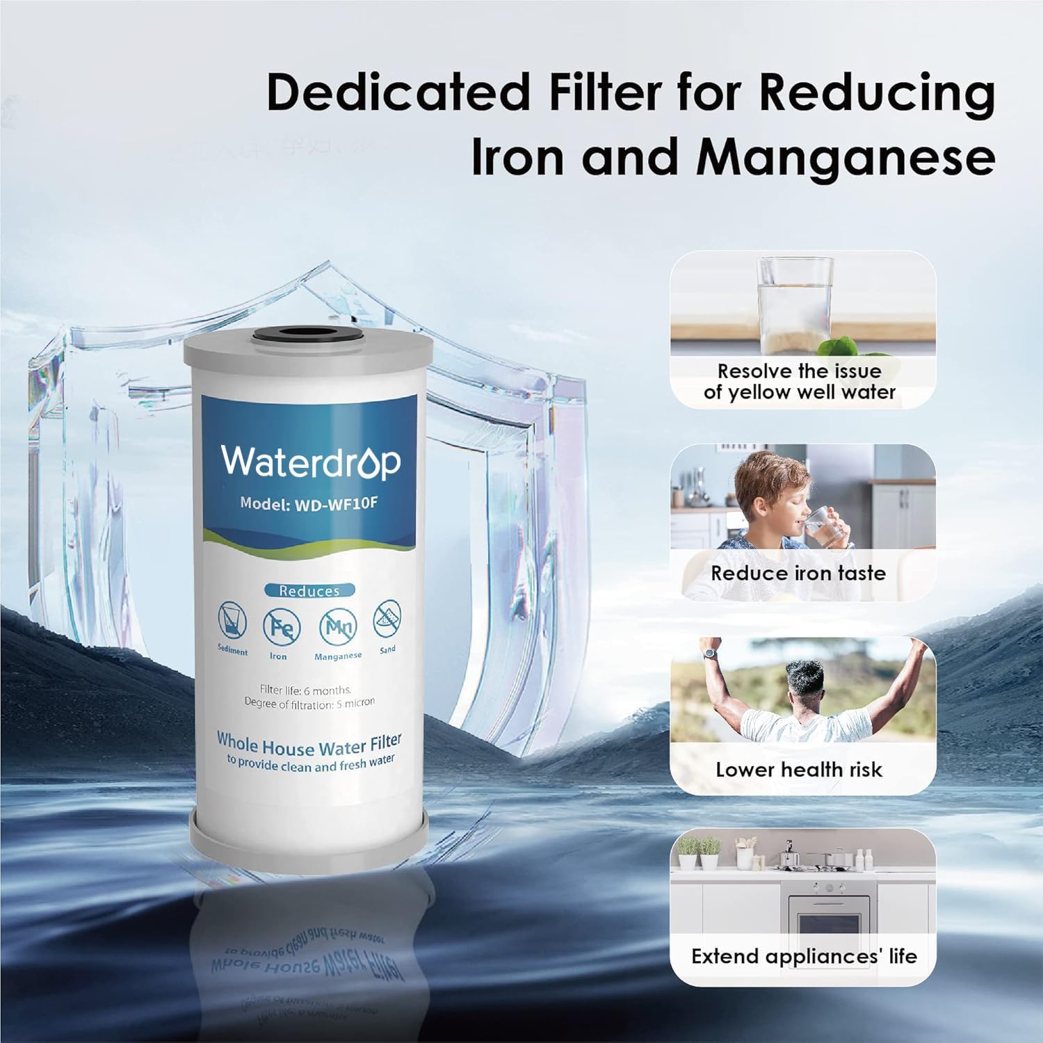 Waterdrop Whole House Water Filter, Carbon Filter, Reduce Iron & Manganese Filter Cartridge, Replacement for GE GXWH40L, FXHTC, Ispring, Culligan® RFC-BBSA, Whirlpool®, Any 10" x 4.5" System, 5 Micron - Image 2