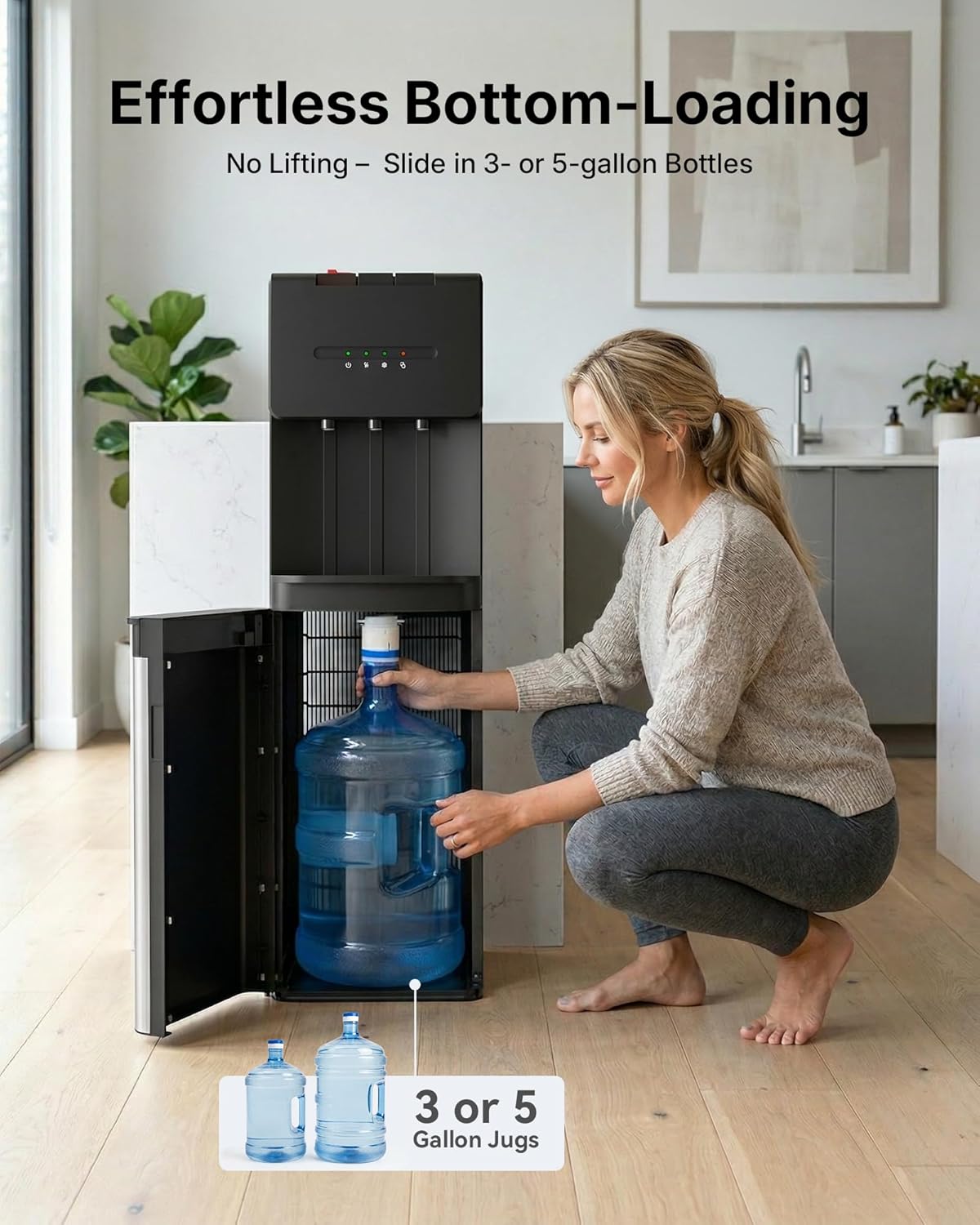 EUHOMY Bottom Loading Water Cooler Dispenser for 5 Gallon Bottle, Hot Cold Room Water Dispenser with Child Safety Lock, LED Light, Freestanding Water Cooler for Home Office Apartment, Black - Image 4