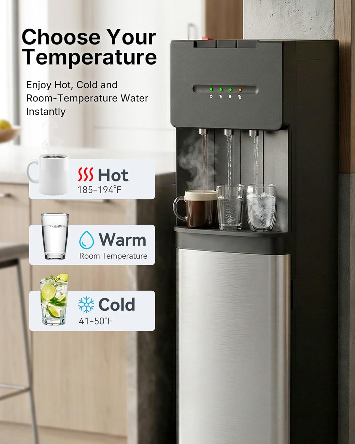 EUHOMY Bottom Loading Water Cooler Dispenser for 5 Gallon Bottle, Hot Cold Room Water Dispenser with Child Safety Lock, LED Light, Freestanding Water Cooler for Home Office Apartment, Black - Image 3