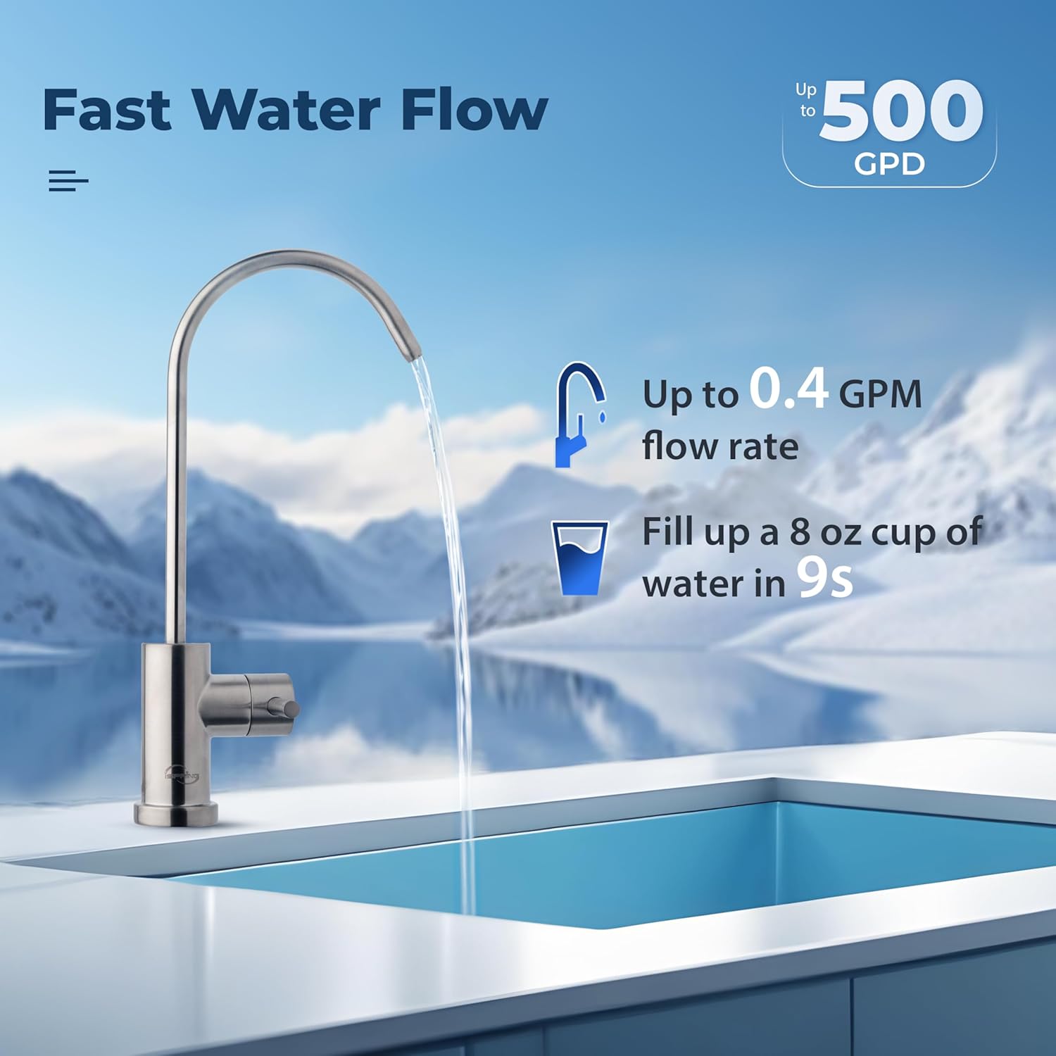 iSpring RO500AK-BN Reverse Osmosis Water Filter, NSF 58 Certified, 500 GPD Tankless Under Sink RO System, Natural pH Alkaline Remineralization, 2:1 Pure to Drain Ratio, Brushed Nickel Faucet - Image 8