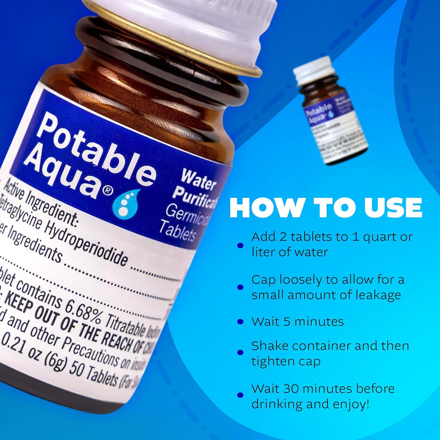 Potable Aqua Water Purification Tablets, Portable and Effective Water Purification Solution for Camping, Hiking, Emergencies, Natural Disasters and International Travel, Two 50ct Bottles, Blue - Image 5