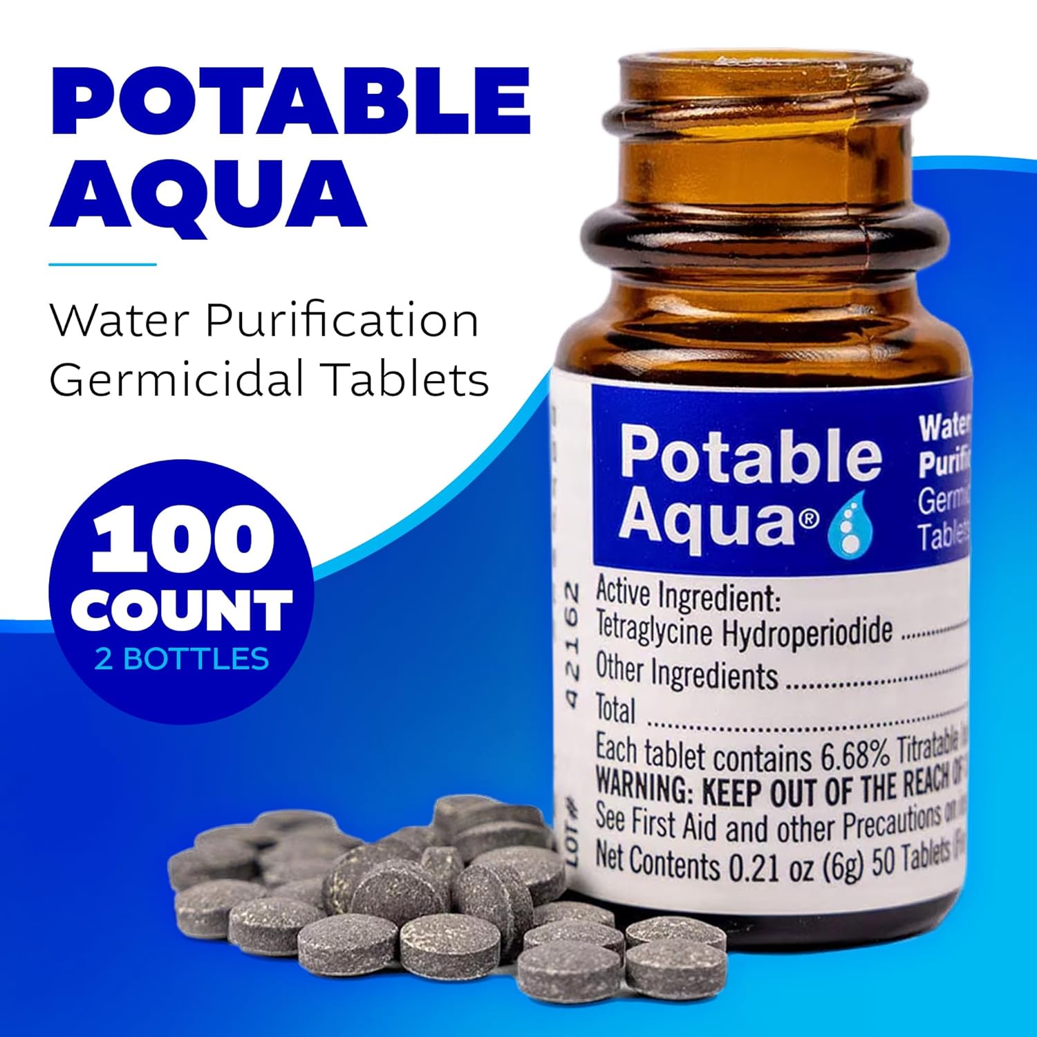 Potable Aqua Water Purification Tablets, Portable and Effective Water Purification Solution for Camping, Hiking, Emergencies, Natural Disasters and International Travel, Two 50ct Bottles, Blue - Image 2