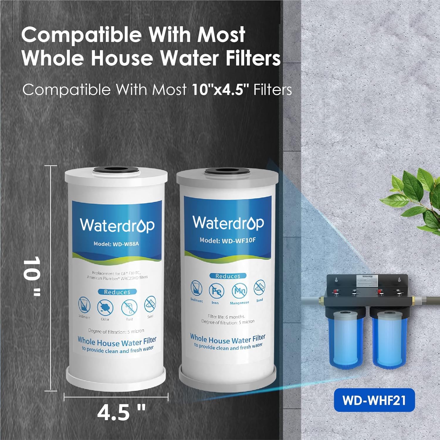Waterdrop Whole House Water Filter, Carbon Filter, Reduce Iron & Manganese Filter Cartridge, Replacement for GE GXWH40L, FXHTC, Ispring, Culligan® RFC-BBSA, Whirlpool®, Any 10" x 4.5" System, 5 Micron - Image 7