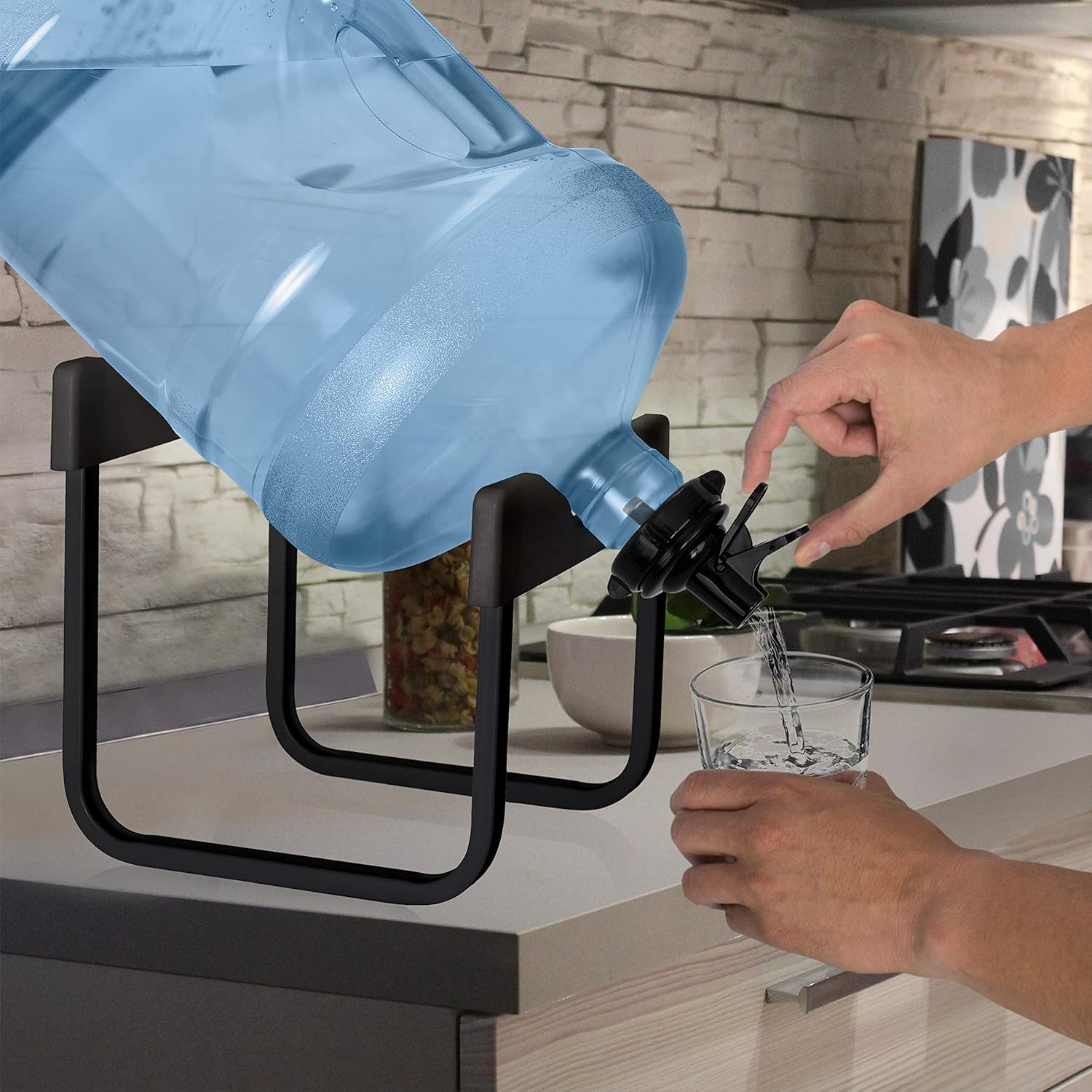 Brio Stainless Steel 3-5 Gallon Water Jug Stand and 2 Dispenser Valves, Rust-Resistant Non Slip Water Stand with BPA Free Fast Flow Water Spout Fits BOTH 48mm and 55mm Bottles 2 CAPS INCLUDED (Black) - Image 2